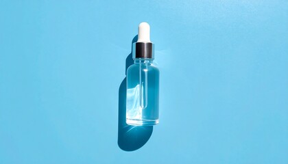 Clear dropper bottle on blue background