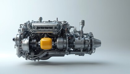 Complex hybrid car engine with electric motor, transmission, gearbox. Automotive technology featuring intricate machinery, auto parts. Clean energy innovation for environmentally friendly vehicles.