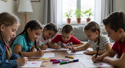 Fototapeta premium 笑顔輝く子供たち 集中して絵を描く 明るい室内. AI Generated