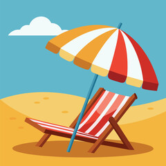 Relaxing red and white striped beach chair stays under umbrella, on golden sand near blue sky