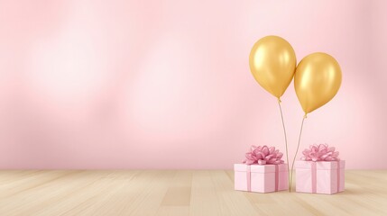 Gift boxes golden balloons on pink elegant celebration background