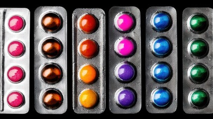 Colorful pills aligned in blister packs showcasing vibrant hues