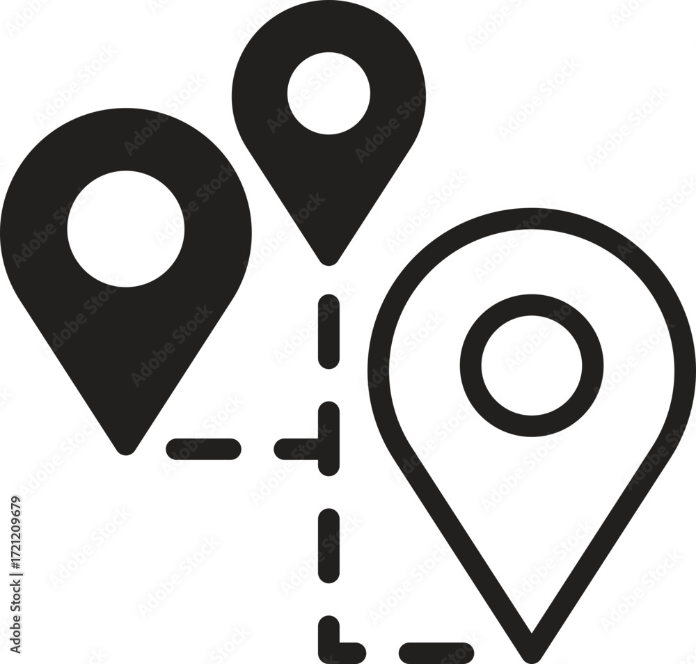 Poster location, map, address icon map markers connected by a dotted line illustrating navigation or locati