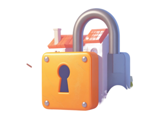 A stylized padlock with a small house inside, orange and muted tones