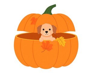 Cute puppy inside an orange pumpkin