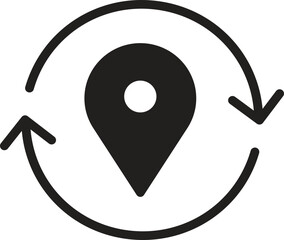 location, map, address icon Location pin with circular arrows symbolizing movement and navigation.