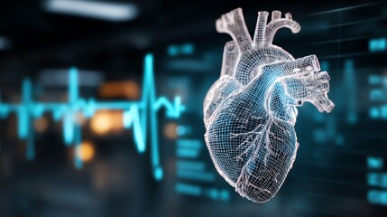 A detailed, wireframe rendering of a human heart is prominently displayed against a blurred background of medical data visualizations, evoking themes of life, technology, and health.