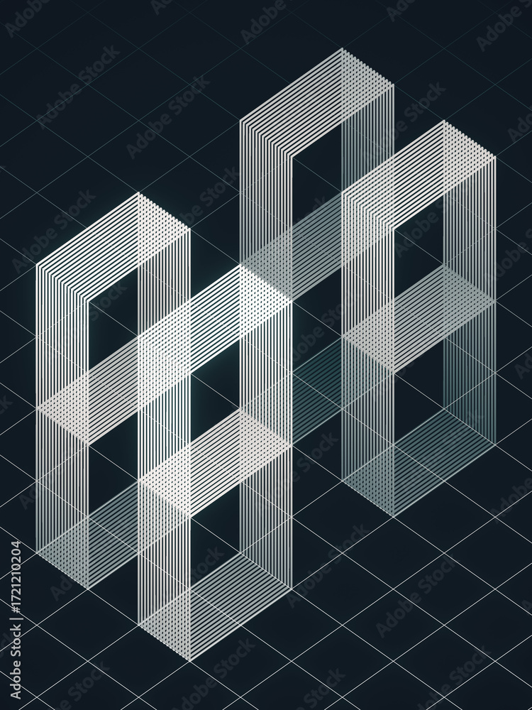 Poster an abstract isometric shape made of intersecting lines on a dark grid background. a futuristic, high