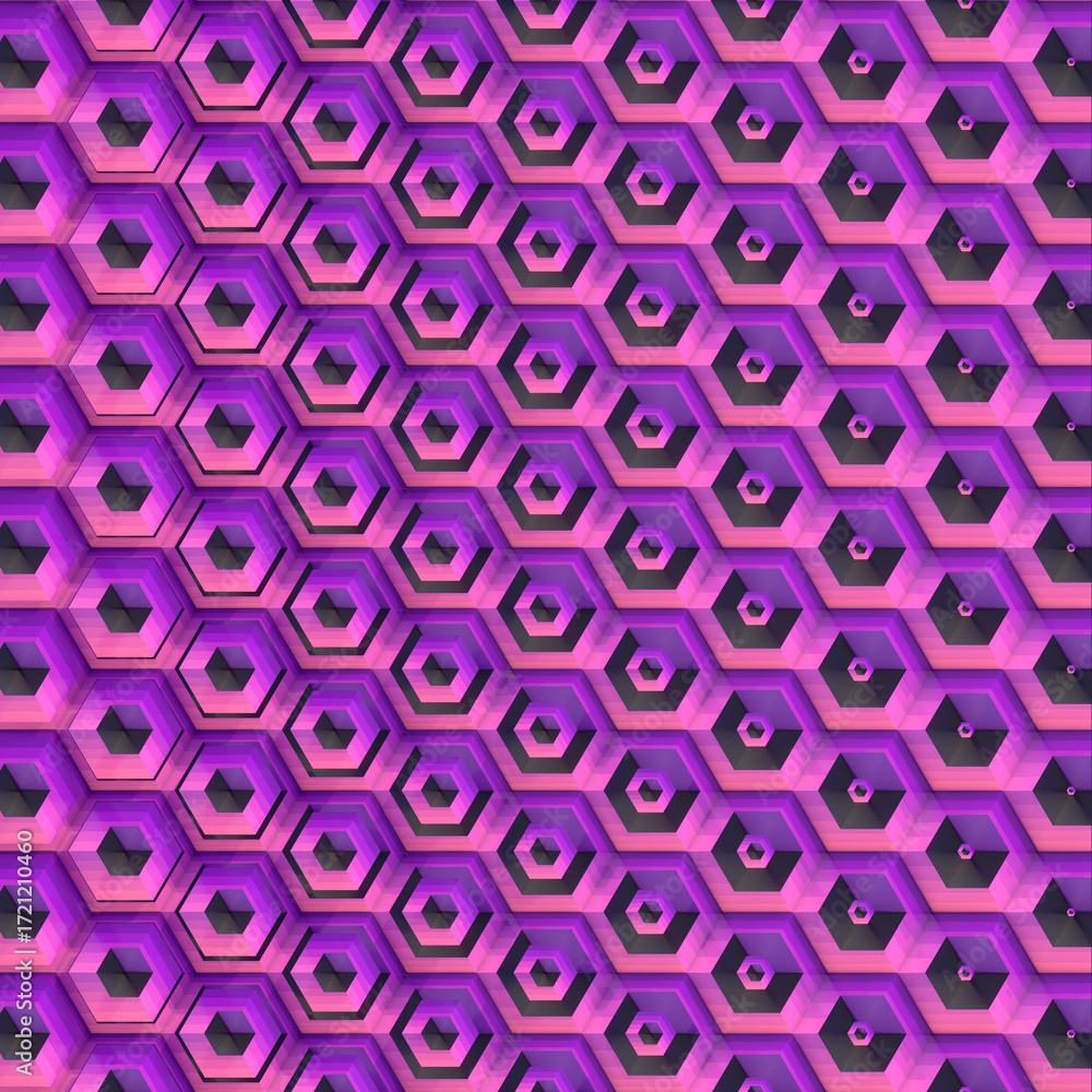 Poster three-dimensional modules change shape in space. color gradient from purple to pink emphasizes smoot