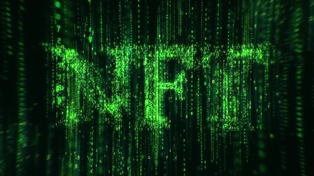 Binary code black and nft background with digits moving on screen, Concept of digital age. Algorithm binary, hud interface, data code, decryption