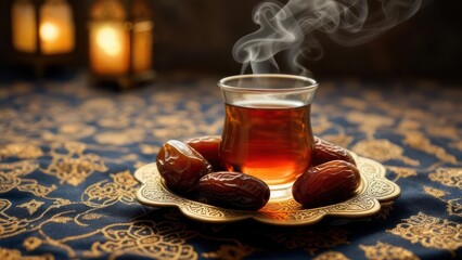 Aromatic tea and dates on a patterned tray