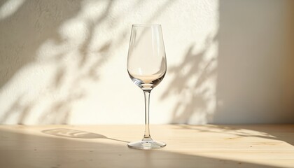 Clear wine glass stands on light wood surface, illuminated by soft, natural sunlight. Elegant stemware, perfect for serving beverages. Minimalist design, home decor, kitchen details.