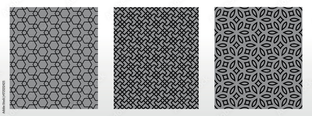 Poster geometric set of seamless black and gray patterns. simple vector graphics