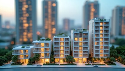 Miniature apartment models with real estate charts, city tower buildings in background. Focus on modern residential architecture, urban growth, property investment. Glow from windows suggests