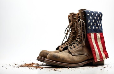 Old military combat boots, American flag, dog tags. Symbol of service, sacrifice, patriotism, honor, duty. Soldier, army, airforce themes. Remembrance, gratitude, respect, heroism, courage for
