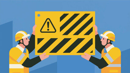 Illustration Of Two Workers Wearing Helmets Lifting A Warning Sign Vector Design Template