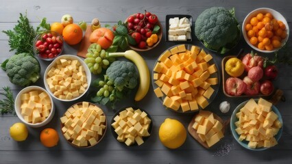 Assortment of fresh produce and cheese