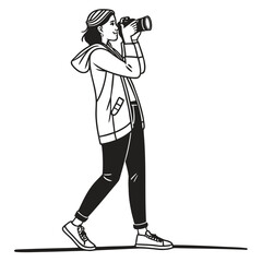 Asian woman wearing a hoodie takes photos, documenting life around her with her camera