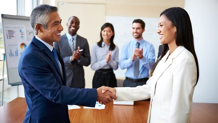 Diverse business professionals shaking hands in office meeting with colleagues applauding success and partnership