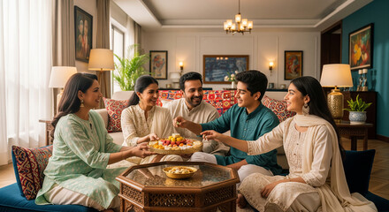 Family enjoying sweets together during Diwali