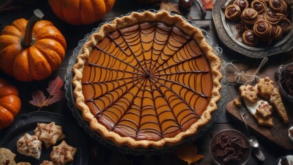 Autumnal pumpkin pie with spider web design