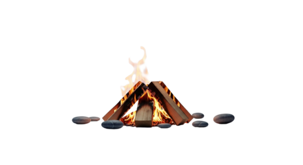 Campfire with burning logs and stones isolated on transparent background, cozy fire