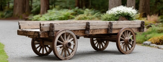 Obraz premium Old wooden wagon with large round wheels positioned beside dirt road surrounded by green trees and bushes on a sunny day