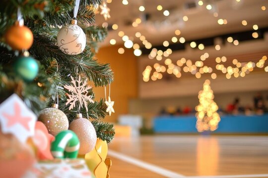 Festive christmas tree with ornaments in cozy decorated room for holiday celebration