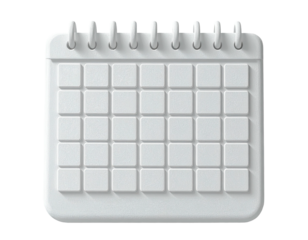 White, square calendar icon with a spiral binding