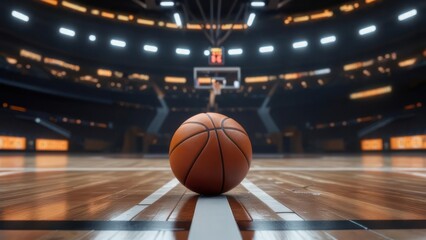 Basketball on hardwood court in a stadium