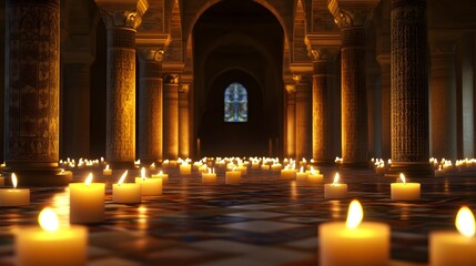 3D render of a grand, ornate cathedral filled with glowing candles and reflecting light on the floor.