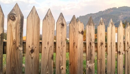 Wooden picket fence with pointed tops in foreground, grassy field and forested hills under partly cloudy sky, warm natural light.