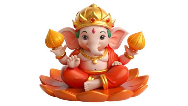 Lord Ganesha PNG with Laddoo and Damru – Cute Ganesha idol holding laddoo and damru on transparent background, perfect for festive designs, Diwali decorations, and digital creative projects.
