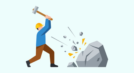 Vector illustration of a worker with a sledgehammer breaking a large rock, symbolizing hard work, determination, and overcoming obstacles