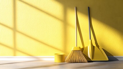 Digital illustration of yellow cleaning tools with dramatic shadows cast on a textured wall.