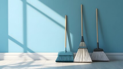 Photograph of three brooms standing on a light wooden floor against a blue wall with shadows.