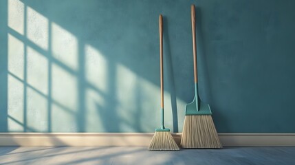 Digital illustration of two brooms standing against a teal wall with dramatic shadows.