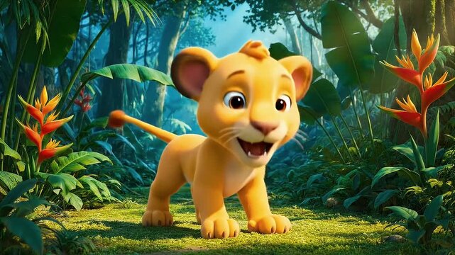 Joyful cartoon lion cub exploring a lush, vibrant jungle with curiosity and wonder