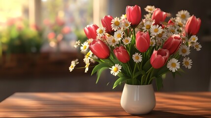 3D render of a vase filled with red tulips and white daisies against a blurred window background.
