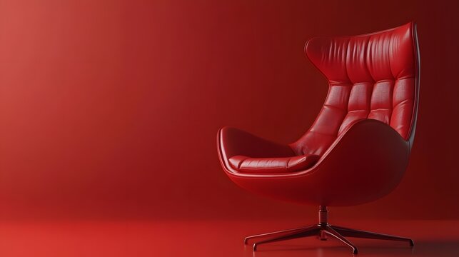 3D render of a modern red swivel armchair against a solid red backdrop.