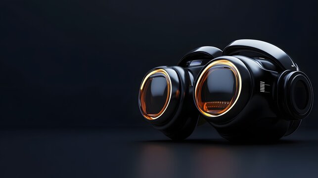 3D render of glowing, black headphone prototypes against a dark background.