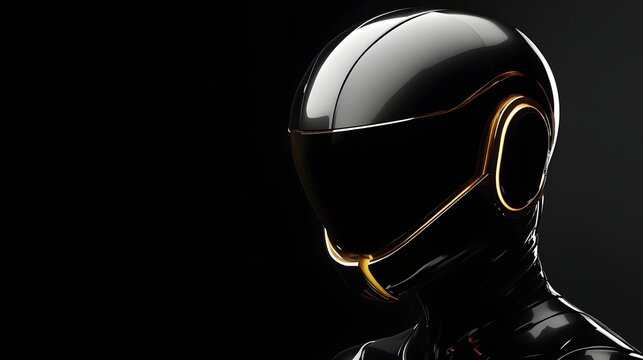 3D render of a sleek, black helmet with glowing orange accents against a dark background.