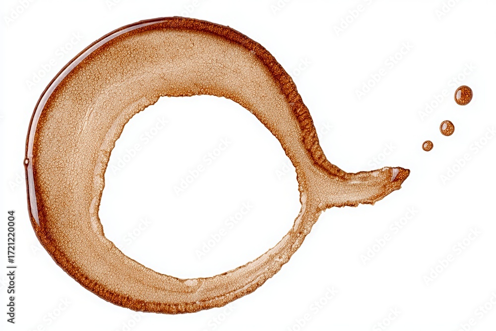Poster abstract brown coffee stain trail on white background with unique circular patterns and splashes