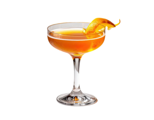 A golden cocktail in a coupe glass, garnished with orange zest