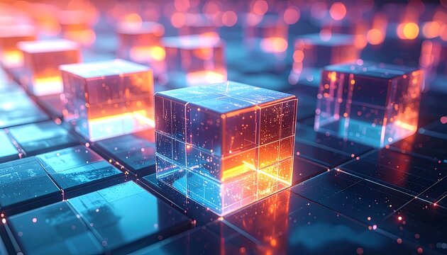 Abstract glowing cubes on a grid (2)