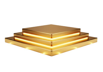 Golden podium with glowing edges isolated on transparent background, a luxurious platform for showcasing products or achievements