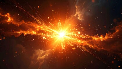 Fiery cosmic explosion in space radiates intense light, energy, and glowing particles across a dramatic dark background, evoking a supernova or big bang.