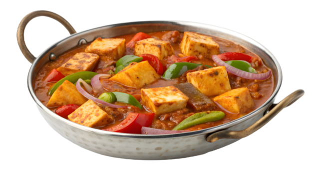 Kadhai Paneer PNG – Spicy Indian Kadhai Paneer curry on transparent background, perfect for food blogs, restaurant menus, and digital culinary projects.