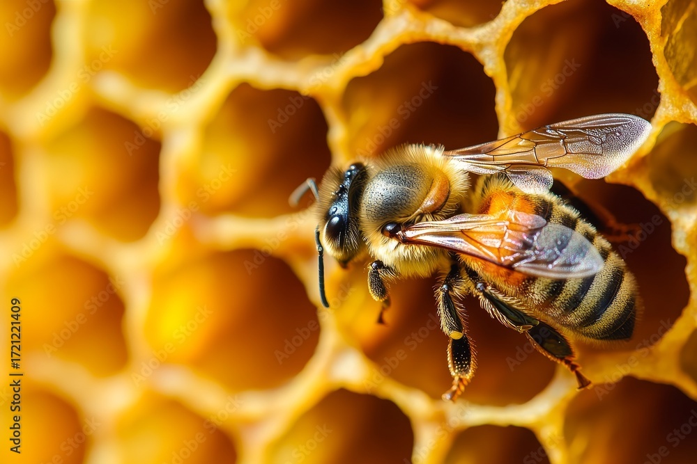 Poster beekeeper inspecting honeycomb inside beehive, close-up of bees and honey storage structures