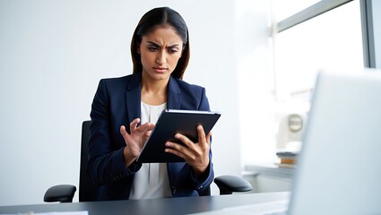 Frustrated businesswoman with furrowed brow looking intently at a tablet computer screen in an office setting